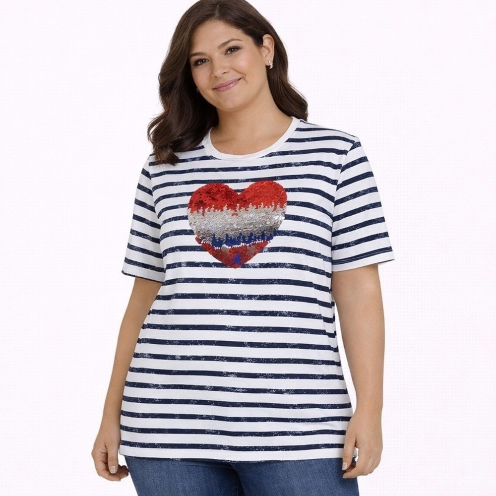 LIBERTY PARK Size 4P "Born Free" Patriotic Flag Heart Sequin Flip T-shirt‎ USA